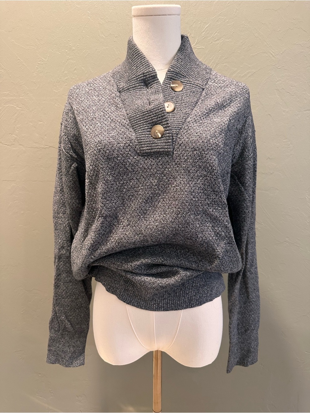 Tommy John Gray Button-Neck Cowl Sweater